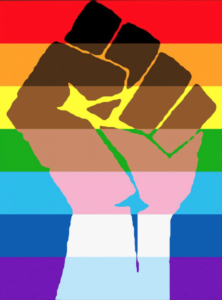 A rainbow pride flag overlain with a Black pride fist, featuring Black, Indigenous, and People of Color, as well as trans pride colors