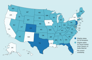 A map of the US, featuring states where Miranda Nadeau and other Panorama Therapy psychologists can practice