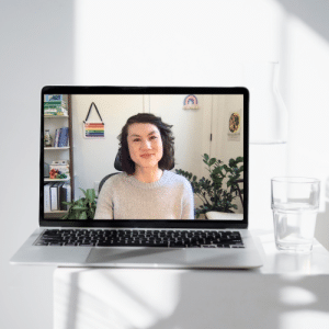 A photo mid-session with Miranda Nadeau, Ph.D., with Dr. Nadeau pictured in her office on a laptop screen